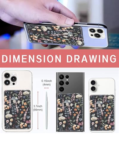 Phone Card Holder, Dual Pocket Leather Phone Wallet Adhesive Stick On, Cute Card Holder, Credit Card Holder for Phone Case Black Boho Flowers - color: Black Boho Flowers