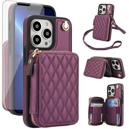 Phone Case for iPhone 14 Pro 6.1 inch Wallet Cell Cover with Tempered Glass Screen Protector Wrist Strap RFID Blocking Card Holder iPhone14Pro 5G i i-Phone i14 iPhone14 4 14Pro Women Girls Dark Purple - color: Dark Purple