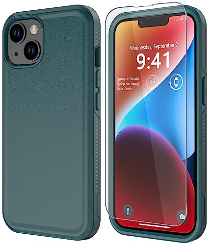 Diverbox for iPhone 14 case [Shockproof] [Dropproof] [Tempered Glass Screen Protector ],Heavy Duty Protection Phone Case Cover for Apple iPhone 14 (Dark Green-2in1) - color: Dark Green-2in1