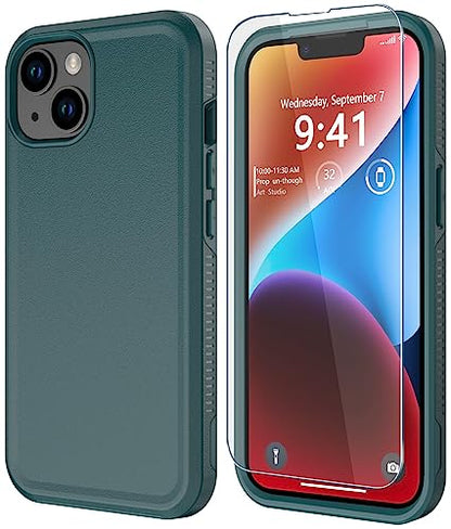 Diverbox for iPhone 14 case [Shockproof] [Dropproof] [Tempered Glass Screen Protector ],Heavy Duty Protection Phone Case Cover for Apple iPhone 14 (Dark Green-2in1) - color: Dark Green-2in1