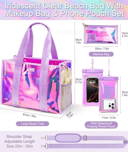 Bagstellar Iridescent Beach Bag, Jelly Tote Bag with Phone Pouch Makeup Bag | Large Beach Bags Waterproof Sandproof, Zipper Beach Tote Clear Pool Swim Boat Bag for Women Summer Travel Cruise Essentials - color: Magenta