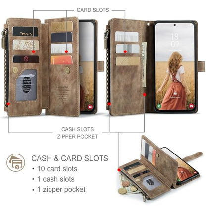 Samsung Galaxy S24 FE 5G Wallet Case with Card Holder Kickstand Magnetic Zipper Pocket Lanyard Strap Wristlet,Leather Flip Case Wallet for Samsung Galaxy S24 FE 6.7 Inch(Brown) - color: Brown, size: S24 FE 5G 6.7 Inch