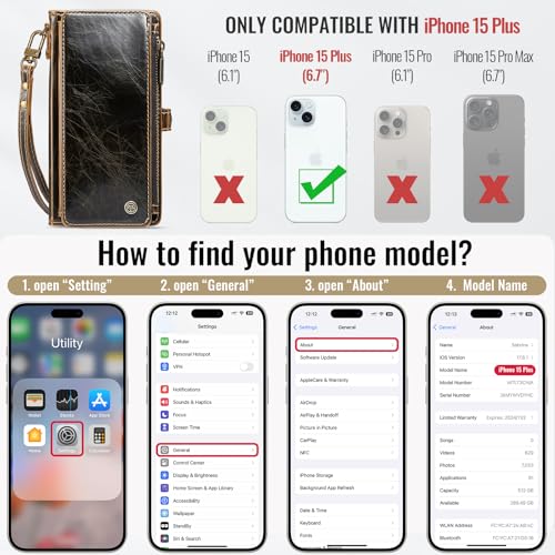 Defencase for iPhone 15 Plus Wallet Case with RFID Card Holder, Coffee | Durable Soft PU Leather, with Zipper Pocket, Wrist Strap, Fashion Snap Flip Phone Cases Cover with Stand for Women and Men - color: Coffee
