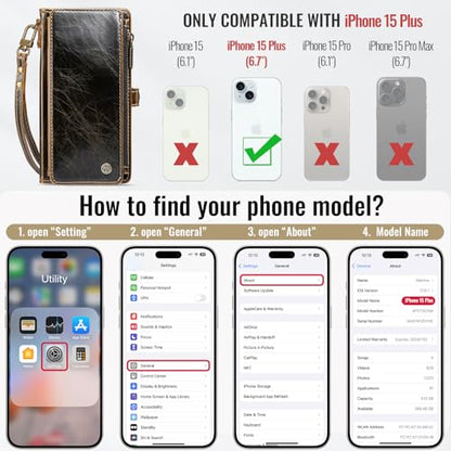 Defencase for iPhone 15 Plus Wallet Case with RFID Card Holder, Coffee | Durable Soft PU Leather, with Zipper Pocket, Wrist Strap, Fashion Snap Flip Phone Cases Cover with Stand for Women and Men - color: Coffee