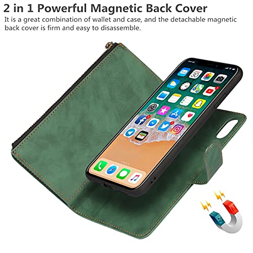 iCoverCase for iPhone X/XS Wallet Case with Card Holder and Wrist Strap, PU Leather Kickstand Card Slots Zipper Pocket Magnetic [Detachable] Flip Cover Case 5.8 Inch (Green) - color: Green
