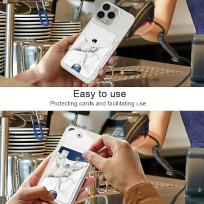 Self Adhesive Card Holders for Back of Phone, Leather RFID Phone Wallet Pockets with Snap, Card Holder Sleeve for Phone Case, White Marble - color: White Marble