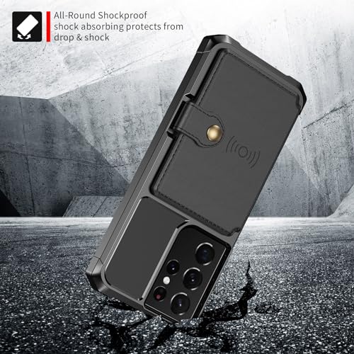 for Samsung Galaxy S21 Ultra Case with Card Holder, Compatible with Magnetic Car Mount, Heavy Duty Shockproof Rugged Soft TPU Back Leather Flip Wallet Cover 6.8 inch, Black | Compatible with Magnetic Car Mount, Shockproof Rugged Soft TPU Hard Back Leather
