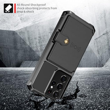 for Samsung Galaxy S21 Ultra Case with Card Holder, Compatible with Magnetic Car Mount, Heavy Duty Shockproof Rugged Soft TPU Back Leather Flip Wallet Cover 6.8 inch, Black | Compatible with Magnetic Car Mount, Shockproof Rugged Soft TPU Hard Back Leather
