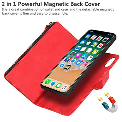iCoverCase for iPhone X/XS Wallet Case with Card Holder and Wrist Strap, PU Leather Kickstand Card Slots Zipper Pocket Magnetic [Detachable] Flip Cover Case 5.8 Inch (Red) - color: Red