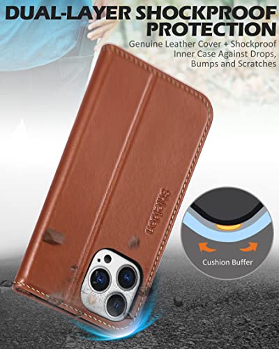 SHIELDON Real Leather Wallet Case for iPhone 13 Pro Max 6.7", Retro Brown | Genuine Leather, Magnetic Closure, RFID Blocking, Credit Card Holder, Kickstand, Flip Design, Shockproof Protective Cover - color: Brown - Retro