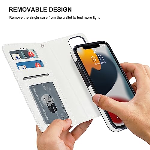 Bocasal Detachable Wallet Case Card Holder for iPhone 13, White | RFID Blocking Kickstand Card Slots Holder PU Leather Magnetic Shockproof Wrist Strap Removable Flip Protective Cover 6.1 inch - color: White