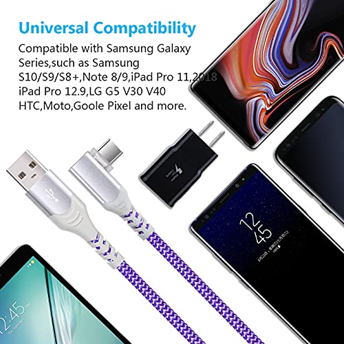Eversame Right Angle USB C Cable(4-Pack 10ft), Nylon Braided USB A to USB C Charger Fast Charging Cord Compatible with Samsung Galaxy S24 S23 S8 S9 S10 Plus S20, Note 20 10 9 8, LG V50 V40, iPhone 15 - color: Blue White Purple Pink