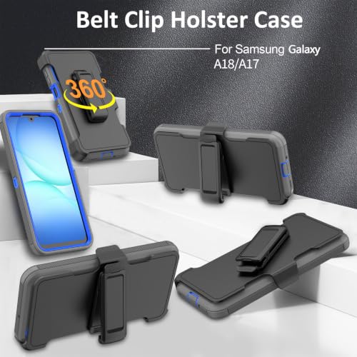 Rugged Phone Case for Samsung Galaxy A18/A17 | Belt Clip Holster & Kickstand Heavy Duty Shockproof Protective Full Body Case (Grey+Blue) - color: Grey+Blue