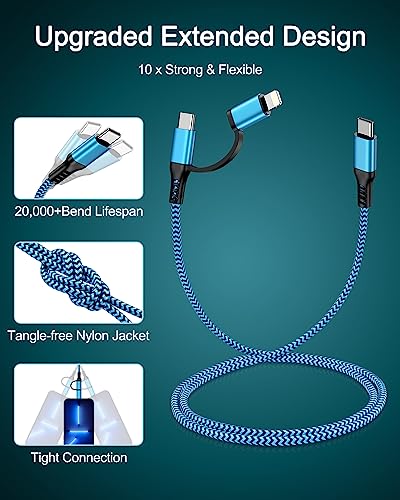 USB C to Lightning&USB C Cable, 2-in-1/6ft USB C Multi Charging Cable Cord - color: Blue