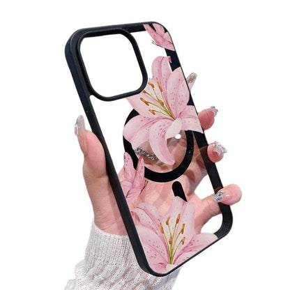Pink Lilies Magnetic Phone Case for iPhone 17/16/15/14/13/12 Pro Fashionable Pattern Design Transparent Shockproof Classic Gift Ultra-Thin Protective Smartphone Cover (Black, iPhone 17 Pro) - color: Black