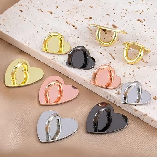 10Pcs Heart Phone Ring Holder, Adhesive Metal Finger Grip Loop Stand and Charm Hook for Cell Phone, Tablet, DIY Case, Cute Universal Keychain Ring for Hanging Accessories (Rose Gold)