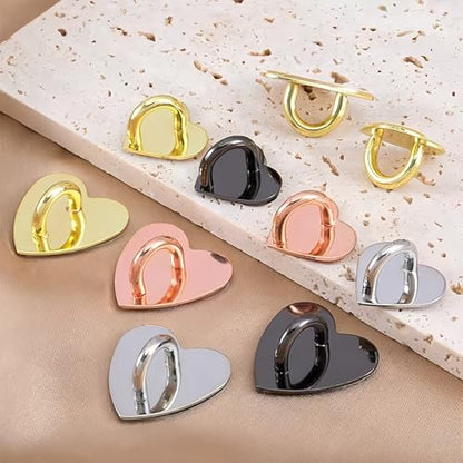 10Pcs Heart Phone Ring Holder, Adhesive Metal Finger Grip Loop Stand and Charm Hook for Cell Phone, Tablet, DIY Case, Cute Universal Keychain Ring for Hanging Accessories (Rose Gold)
