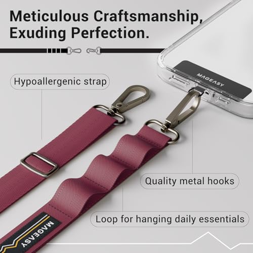 MAGEASY Rover iPhone Lanyard Crossbody with Tether Tab & Attachment Loop, Adjustable Anti Theft Phone Strap for Samsung Google Pixel, 20mm Neck Shoulder Lanyard, Holds 55lb (Dual Clip, Burgundy) - color: Burgundy, size: Dual Clip