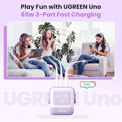 UGREEN Uno 65W 3-Port USB C Charger, GaN Fast Charging Block, Purple - color: Purple