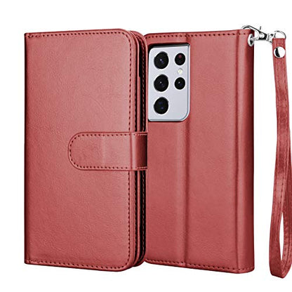Njjex Wallet Case for Samsung Galaxy S21 Ultra 5G, For Galaxy S21 Ultra Case 6.8", [9 Card Slots] PU Leather ID Credit Holder Folio Flip [Detachable] Kickstand Magnetic Phone Cover & Lanyard -Wine Red - color: Wine Red