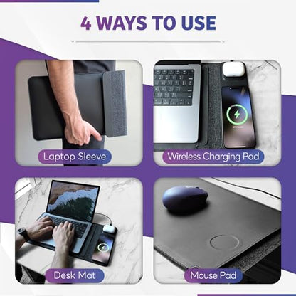 4-in-1 Laptop Sleeve with Wireless Charging - 13/14 inch - Updated Version- Charging Mat for Laptop - Compatible with MagSafe - Use as Case, Phone and Earbuds Charging Pad, Desk and Mouse Pad