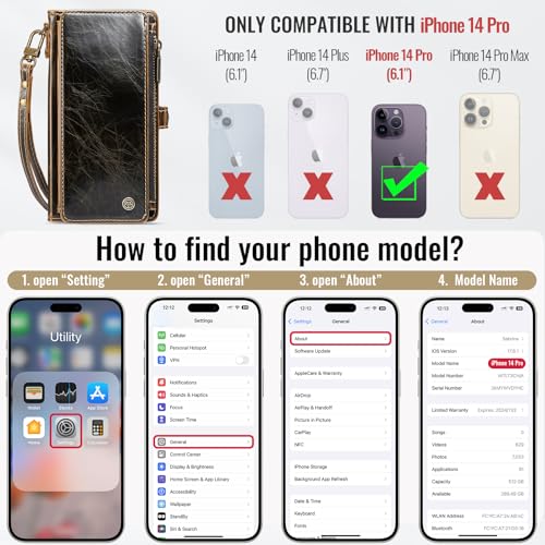 Defencase for iPhone 14 Pro Wallet Case with RFID Card Holder, Coffee | Durable Soft PU Leather, with Zipper Pocket, Wrist Strap, Fashion Snap Flip Phone Cases Cover with Stand for Women and Men - color: Coffee