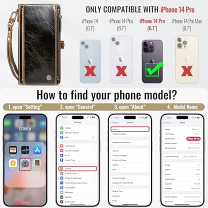 Defencase for iPhone 14 Pro Wallet Case with RFID Card Holder, Coffee | Durable Soft PU Leather, with Zipper Pocket, Wrist Strap, Fashion Snap Flip Phone Cases Cover with Stand for Women and Men - color: Coffee