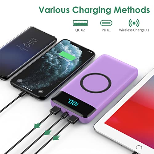 Wireless Portable Charger 30,800mAh,15W Wireless Charging USB C Power Bank,25W PD QC 4.0 Fast Charging 4 Outputs Travel Essentials Battery Pack Compatible with iPhone 17/16/15/14,Galaxy,Android-Purple - color: Purple