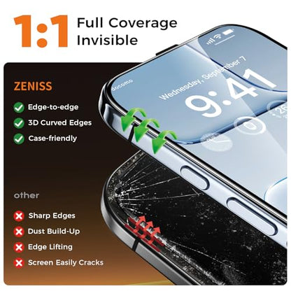 NeverBreak 9H+ Hardness for iPhone Air Screen Protector 12FT Military Grade Protection (Scratch, Shatter, Drop Resistance) Tempered Glass Full Edge Coverage 6.5" 2025, 2 Pack with De-Bubble Card - size: iPhone Air