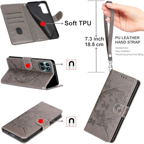Wallet Case for Samsung Galaxy A16 5G, Gray Flower | Women Flip Folio Cover, Embossed PU Leather, Stand, Credit Card Holders Slots, Wrist Strap - color: 6