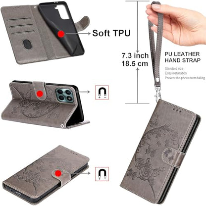 Wallet Case for Samsung Galaxy A16 5G, Gray Flower | Women Flip Folio Cover, Embossed PU Leather, Stand, Credit Card Holders Slots, Wrist Strap - color: 6