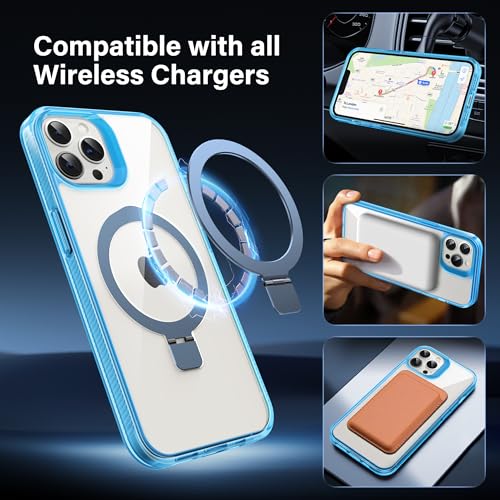 Magnetic Case for iPhone 13 Pro - [Built-in Invisible Stand] [Compatible with MagSafe] [Military Grade Drop Protection] Anti-Yellowing Hard Back Silicone Edge Cover, 6.1", Clear Blue - color: Clear Blue, size: iPhone 13 Pro 6.1''