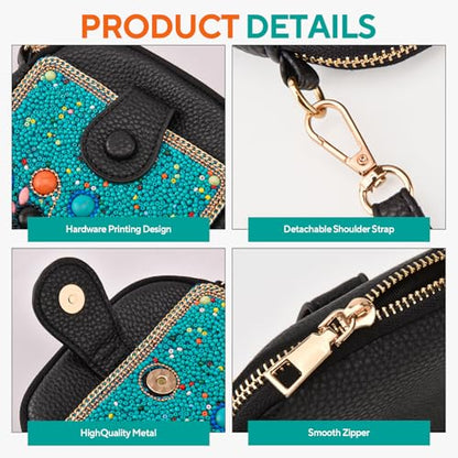 Women's Small Crossbody Cell Phone Bag, Boho Colorful Beaded Purse Wallet with Handmade Cute Patterns - color: Tree-blue