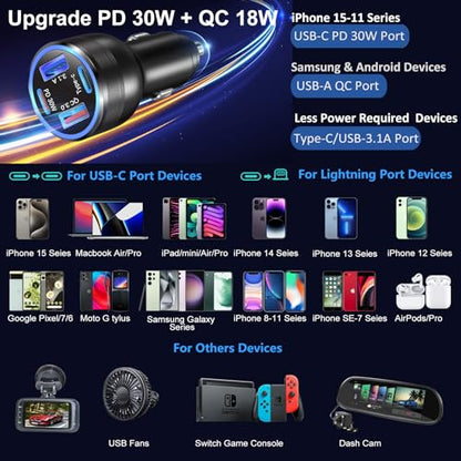USB C Car Charger 3 Pack, 4-Port 65W Dual USB-C & USB A Car Phone Charger - color: Black, size: 3-Pack