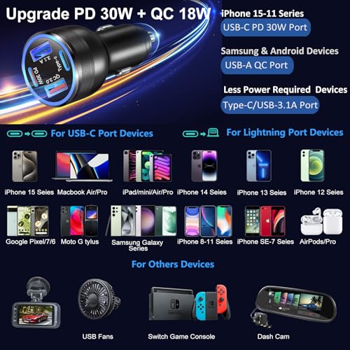 65W USB C Car Charger, 4 Port Fast Cigarette Lighter USB Charger Adapter - color: Black, size: 1-Pack