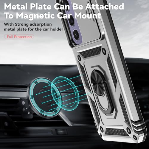 for Samsung Galaxy S24 FE Case with Camera Lens Cover HD Screen Protector, Dual Layer Military-Grade Drop Tested Magnetic Ring Holder Kickstand Protective Phone Case for Galaxy S24 FE (Silver) - color: Silver with camera cover Military-Grade 2nd gen