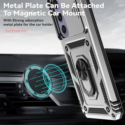 for Samsung Galaxy S24 FE Case with Camera Lens Cover HD Screen Protector, Dual Layer Military-Grade Drop Tested Magnetic Ring Holder Kickstand Protective Phone Case for Galaxy S24 FE (Silver) - color: Silver with camera cover Military-Grade 2nd gen