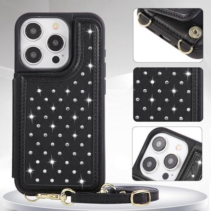 Crossbody Wallet Case for iPhone 14 Pro Max(6.7") with Detachable Strap - PU Leather Flip Folio with Card Slots & RFID Blocking, Sparkling Diamond Accents-Black - color: Black, size: iPhone 14 Pro Max(6.7")