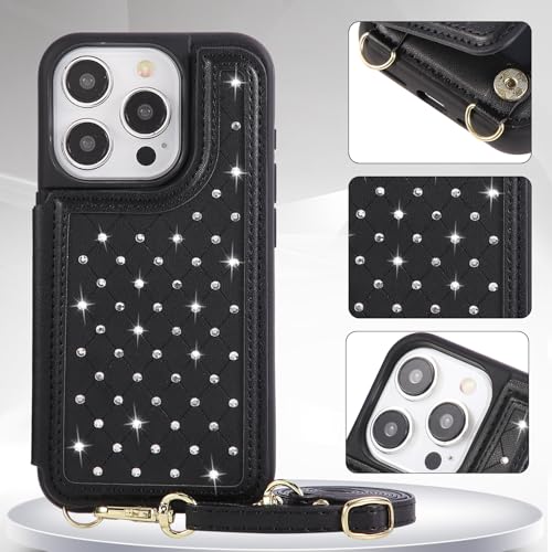 Crossbody Wallet Case for iPhone 12 Pro Max(6.7") with Detachable Strap - PU Leather Flip Folio with Card Slots & RFID Blocking, Sparkling Diamond Accents-Black - color: Black, size: iPhone 12 Pro Max(6.7")