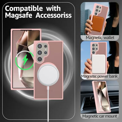for Samsung Galaxy S24 Ultra Case Magnetic, [Compatible with Magsafe] 6.8 Inches Slim Fit Heavy Duty Protection Wireless Charging TPU and PC Shockproof Anti-Slip Protective Phone Cover, Pink - color: Pink Magnetic