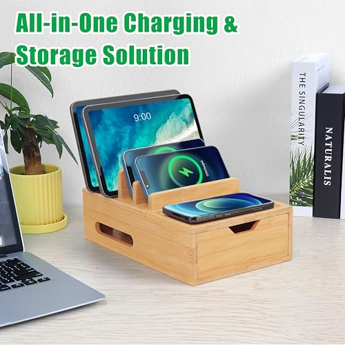 Bamboo Multi Device Charging Station Organizer with Drawer & Tray, Desk Docking Station Includes 6 Cables for iPhone, Cell Phones, Tablets, Power Banks for Home Office Nightstand (No USB Charger)
