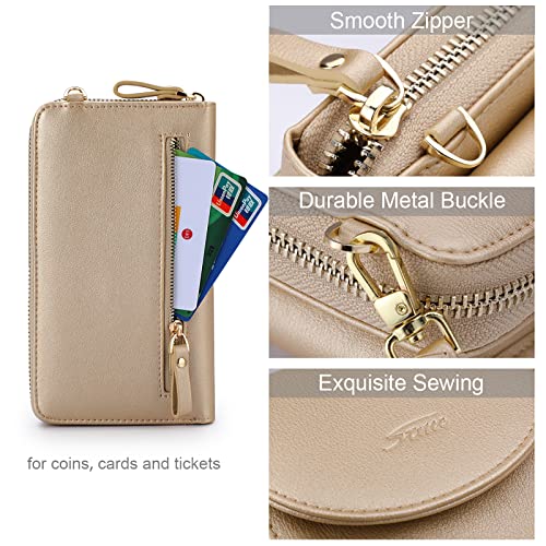 S-ZONE Small Crossbody Bags for Women Phone Purse RFID Blocking Wallet | Card Slots, Vegan Leather, Anti-theft, Multi Pockets, Detachable Adjustable Strap, Travel Eveyday Outing - color: Metallic Gold