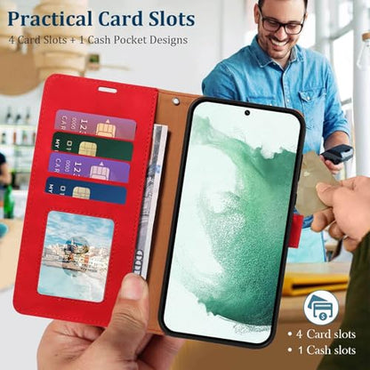 Wallet Case for Galaxy S22, RFID Blocking, 4 Card Slots, Red | For Samsung Galaxy S22 6.1 inch, PU Leather Flip Cover, Protective TPU Shell, Magnetic Closure, Stand, Wrist Strap - color: Red