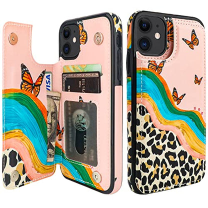 HAOPINSH for 11 Wallet Case with Card Holder, Butterfly Leopard Cheetah Pattern Back Flip Folio PU Leather Kickstand Card Slots Case for Women Girls, Double Magnetic Clasp Shockproof Cover 6.1" - color: Butterfly Leopard