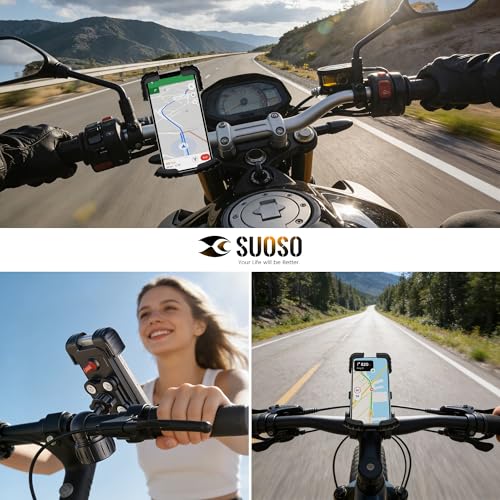 suoso Motorcycle Phone Mount with Upgraded Alloy Shock Absorber – Anti-Vibration Bike Phone Holder, Easy Install, Secure Safety Lock, 360° Rotation, Fits iPhone & Samsung 4.7–6.8" Phones