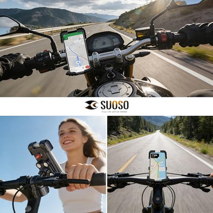 suoso Motorcycle Phone Mount with Upgraded Alloy Shock Absorber – Anti-Vibration Bike Phone Holder, Easy Install, Secure Safety Lock, 360° Rotation, Fits iPhone & Samsung 4.7–6.8" Phones