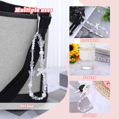 Pink Beaded Phone Wrist Straps, Y2K Phone Case Charms Camera Charm Strap, Lanyard Keychain Wristlet Aesthetic Cellphone Charm - style: 2 Pink Floral White Butterfly