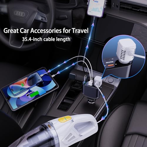 OHLPRO Retractable Car Charger Cigarette Lighter Adapter, 168W 5 in 1 Fast Phone Charging Built-in Replaceable Fuse, Socket Splitter with USB C and USB C Cord, Fit for Phone iPad Galaxy GPS, Grey - size: USB-C+USB-C