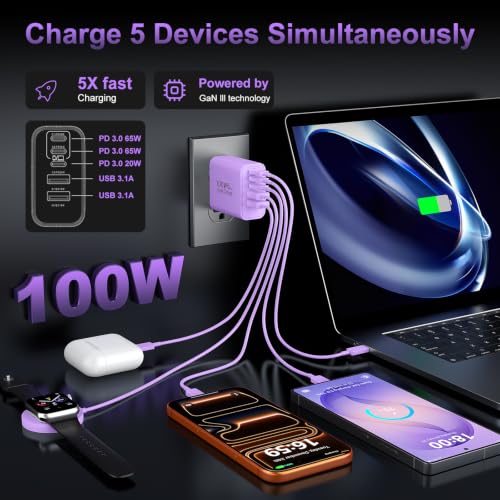 USB C Super Fast Charger Block, 100W USBC Charging Block Wall Plug Adapter - color: Purple
