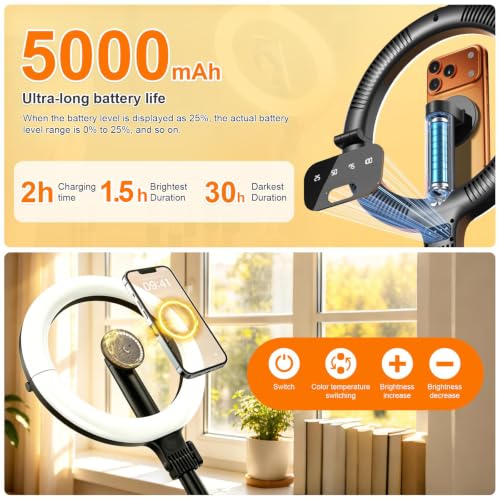 Magnetic Overhead Ring Light for Desk, 10” Selfie Light with Stand Tripod for iPhone, Adjustable Overhead Phone Mount with MagSafe-Compatible Holder for Recording, YouTube Video, Live Streaming